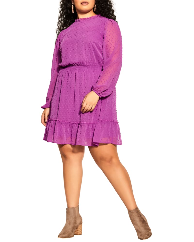 Front of a model wearing a size S Dobby Tiered Dress in Wisteria by City Chic. | dia_product_style_image_id:300409